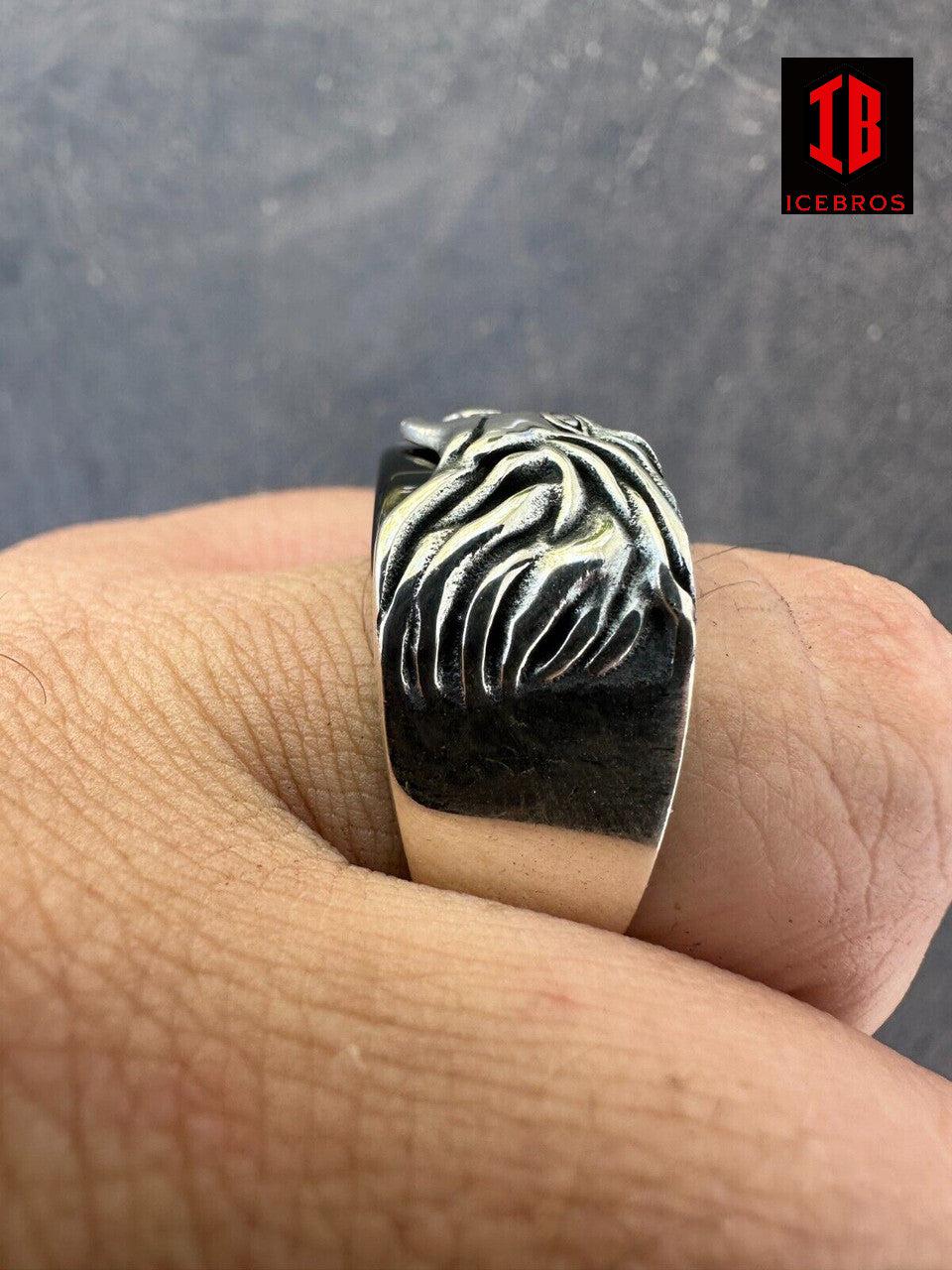 925 Sterling Silver Natural Black Enamel Rhodium Howling Wolf Signet Dog Ring