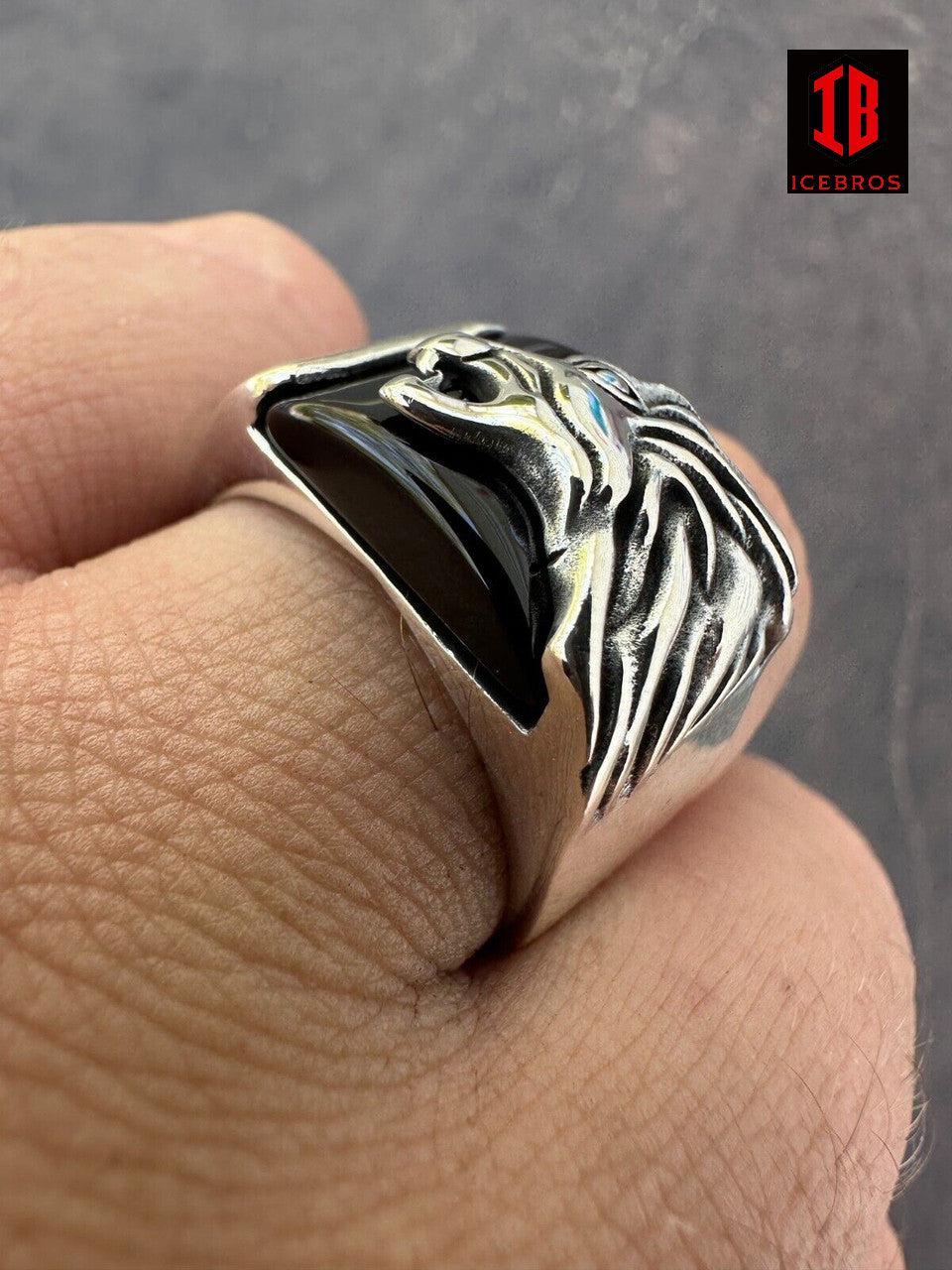 925 Sterling Silver Natural Black Enamel Rhodium Howling Wolf Signet Dog Ring