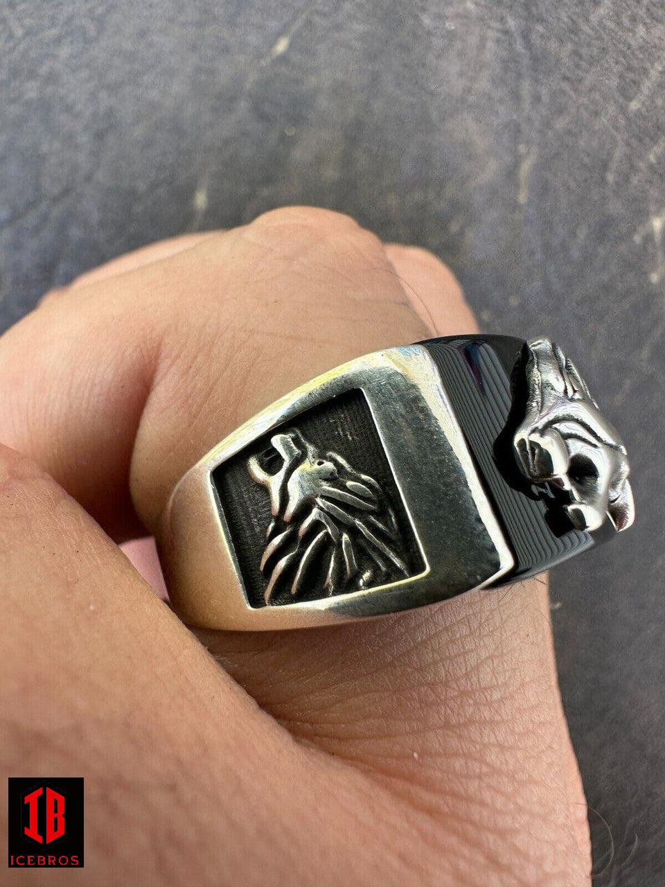 925 Sterling Silver Natural Black Enamel Rhodium Howling Wolf Signet Dog Ring