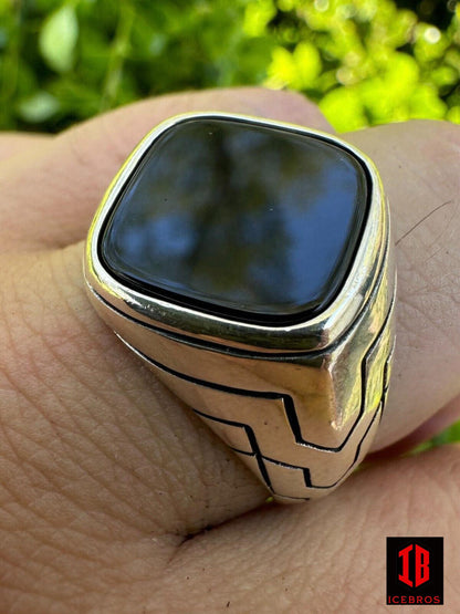 925 Sterling Silver Diamond Shape Black Onyx ENAMEL Men's Signet Ring