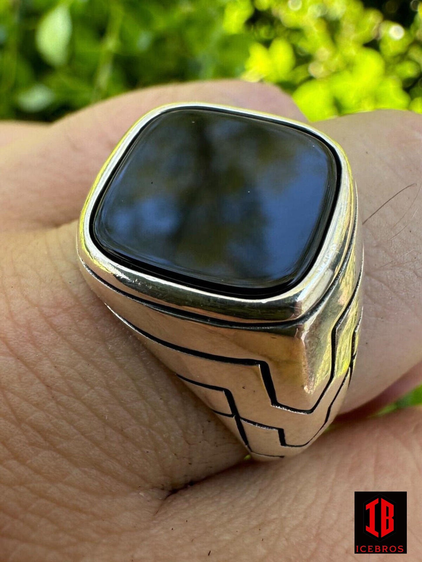 925 Sterling Silver Diamond Shape Black Onyx ENAMEL Men's Signet Ring