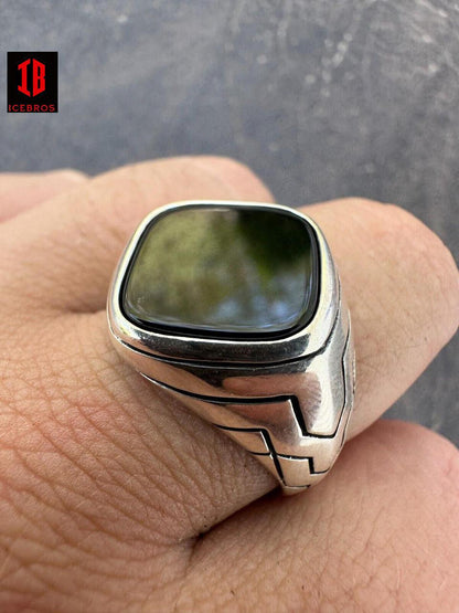 925 Sterling Silver Diamond Shape Black Onyx ENAMEL Men's Signet Ring