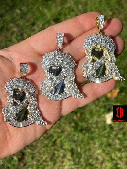 Men's 3D 925 Silver Yellow Rose Gold Detailed Jesus Piece Iced Necklace Baguette Stones