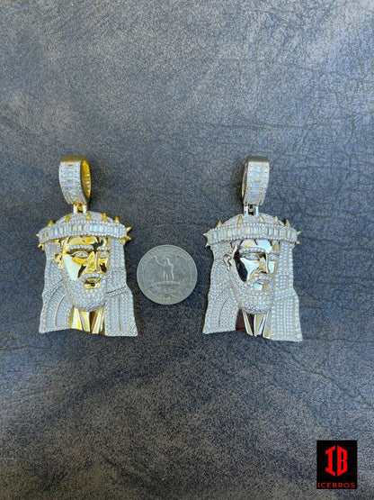 Men's Large 925 Silver 10K Gold Jesus Piece Iced Hip Hop Charm Baguette Diamond