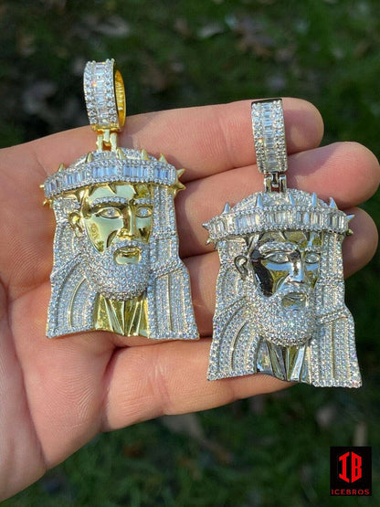 Men's Large 925 Silver 10K Gold Jesus Piece Iced Hip Hop Charm Baguette Diamond