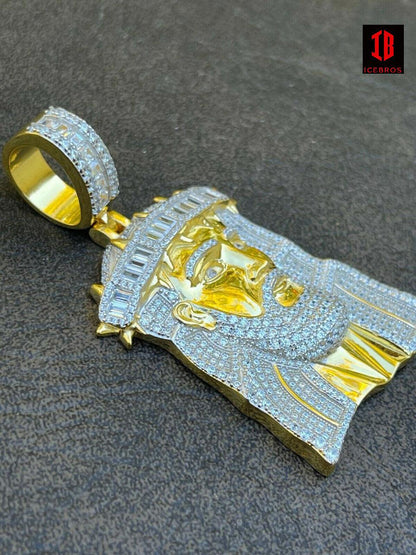 Men's Large 925 Silver 10K Gold Jesus Piece Iced Hip Hop Charm Baguette Diamond