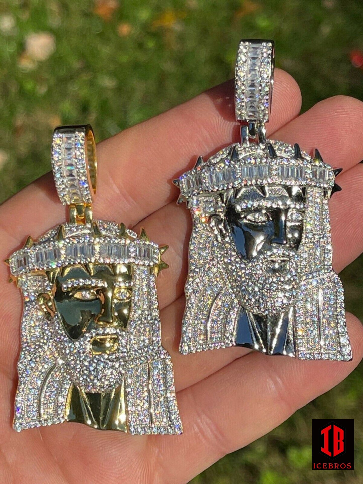 Men's Large 925 Silver 10K Gold Jesus Piece Iced Hip Hop Charm Baguette Diamond