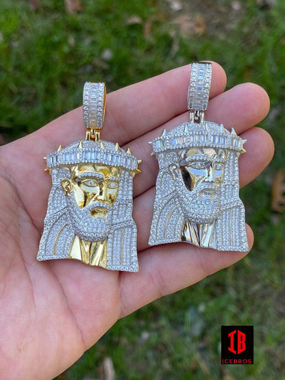 Men's Large 925 Silver 10K Gold Jesus Piece Iced Hip Hop Charm Baguette Diamond