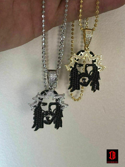 14K 925 Silver 3D Jesus Piece Black Diamond Rapper Gold Chain Charm