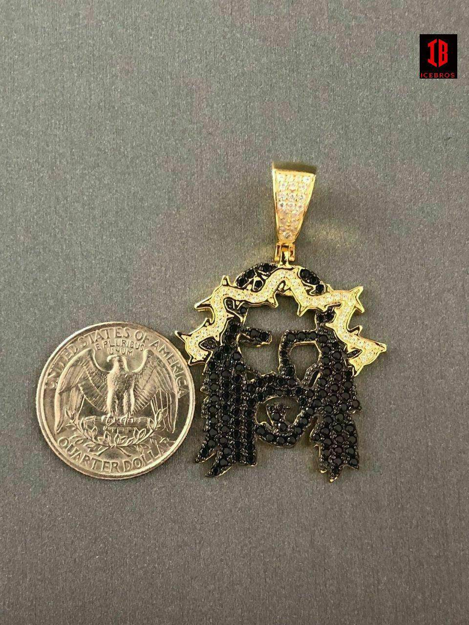 14K 925 Silver 3D Jesus Piece Black Diamond Rapper Gold Chain Charm