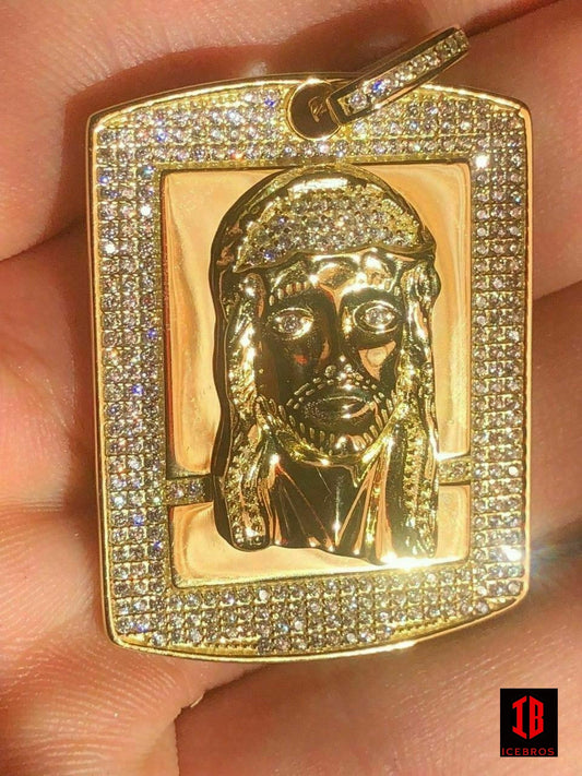 Men's Dog Tag Jesus Piece 1ct CZ Diamond 14k Gold Over 925 Sterling Silver