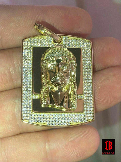 Men's Dog Tag Jesus Piece 1ct CZ Diamond 14k Gold Over 925 Sterling Silver