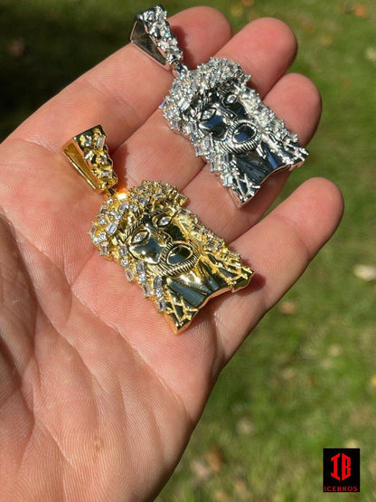 Men's Solid 925 Silver 18k Gold Jesus Piece Iced Pave Necklace Baguette Diamond