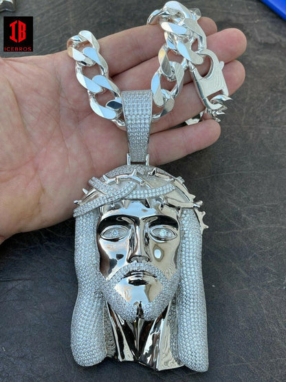 HUGE 6inch 450 Gram Vermeil 925 Sterling Silver Men Iced Jesus Piece Pendant Necklace