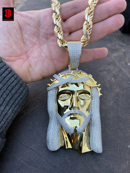 HUGE 6inch 450 Gram Vermeil 925 Sterling Silver Men Iced Jesus Piece Pendant Necklace