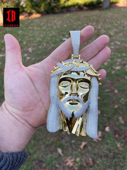 HUGE 6inch 450 Gram Vermeil 925 Sterling Silver Men Iced Jesus Piece Pendant Necklace