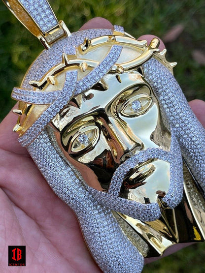 HUGE 6inch 450 Gram Vermeil 925 Sterling Silver Men Iced Jesus Piece Pendant Necklace