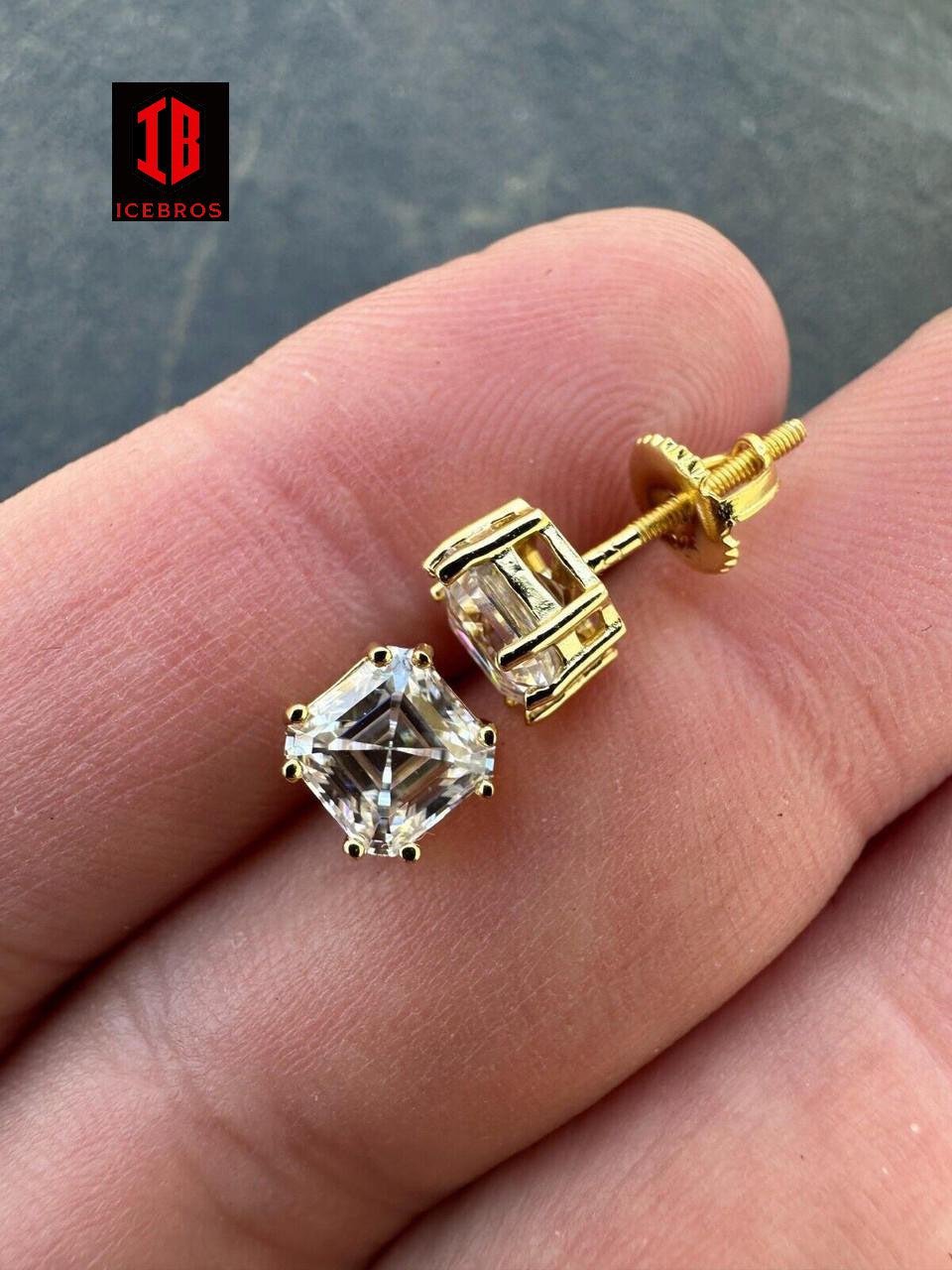 VVS Iced Moissanite Stud Earrings Asscher Cut 14k Gold Over 925 Silver 4mm-8mm