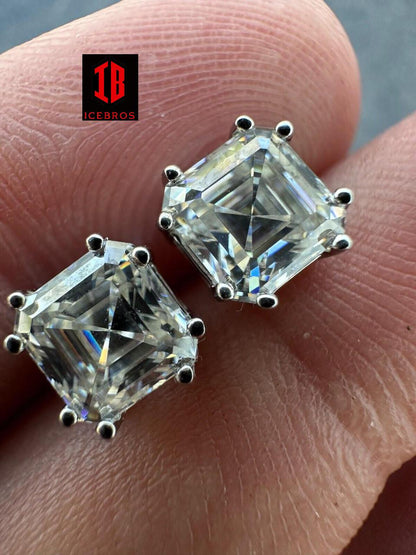 VVS Iced Moissanite Stud Earrings Asscher Cut 14k Gold Over 925 Silver 4mm-8mm