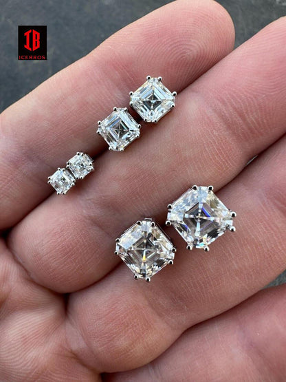 VVS Iced Moissanite Stud Earrings Asscher Cut 14k Gold Over 925 Silver 4mm-8mm