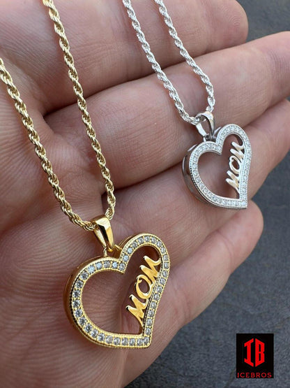 MOISSANITE 925 Silver 14k Gold Iced Mom Heart Shape Love Mother Day Pendant Necklace