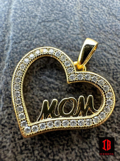 MOISSANITE 925 Silver 14k Gold Iced Mom Heart Shape Love Mother Day Pendant Necklace