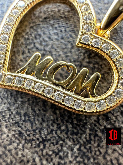 MOISSANITE 925 Silver 14k Gold Iced Mom Heart Shape Love Mother Day Pendant Necklace