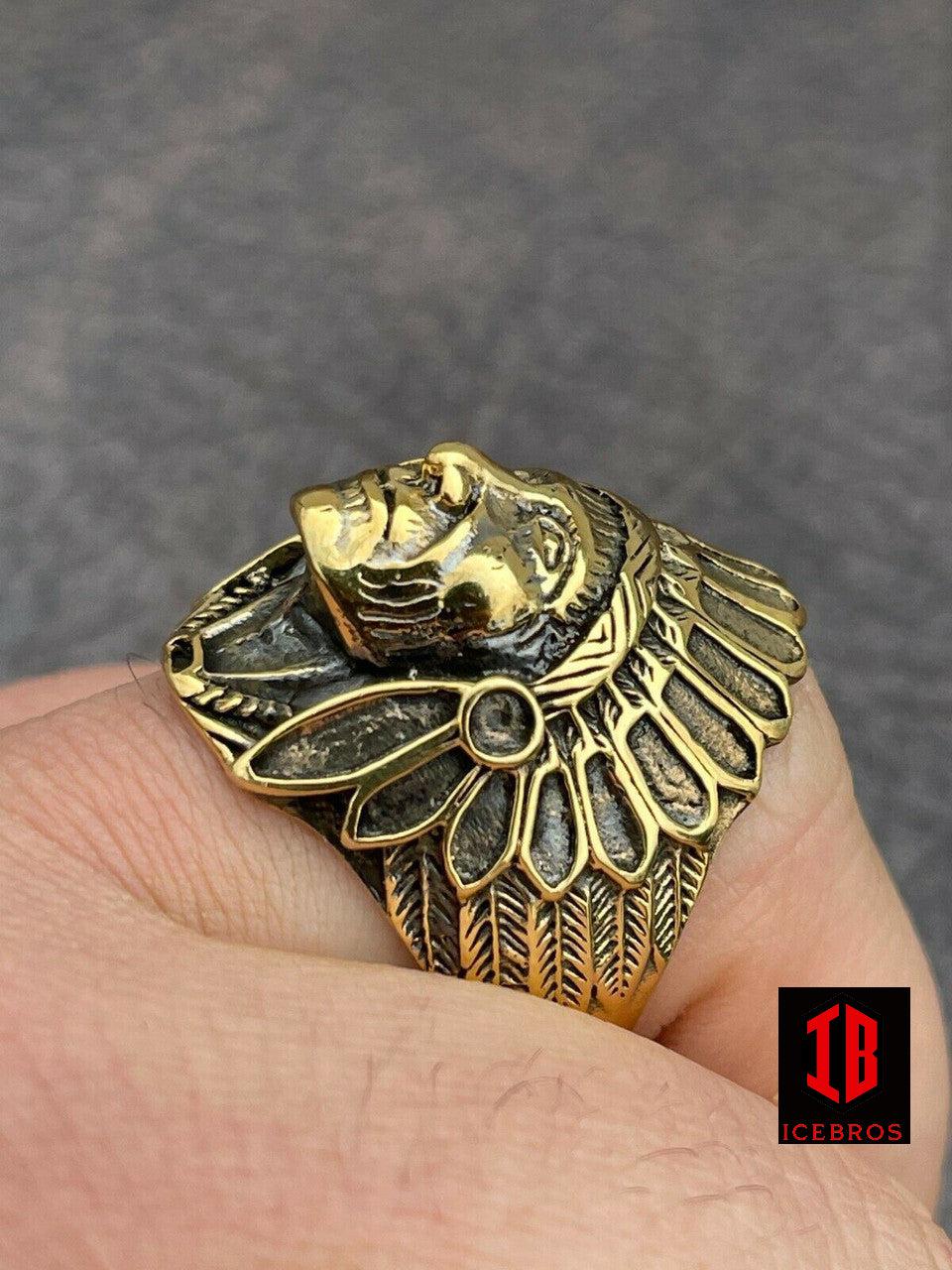 Solid 14K Gold Over Solid 925 Sterling Silver Large Indian Head Chief Ring