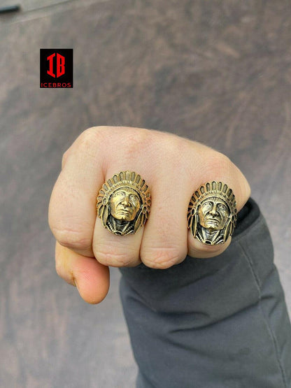 Solid 14K Gold Over Solid 925 Sterling Silver Large Indian Head Chief Ring