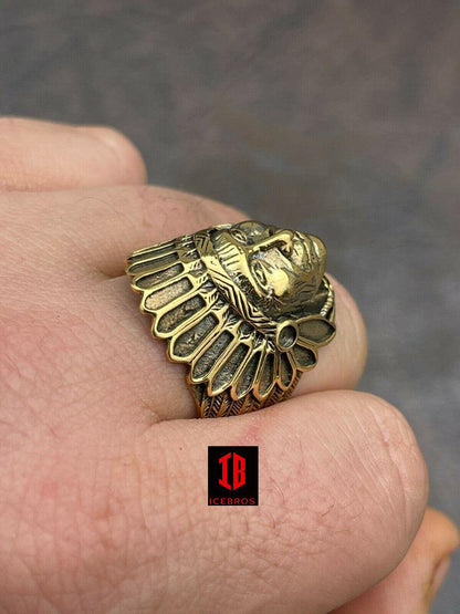 Solid 14K Gold Over Solid 925 Sterling Silver Large Indian Head Chief Ring