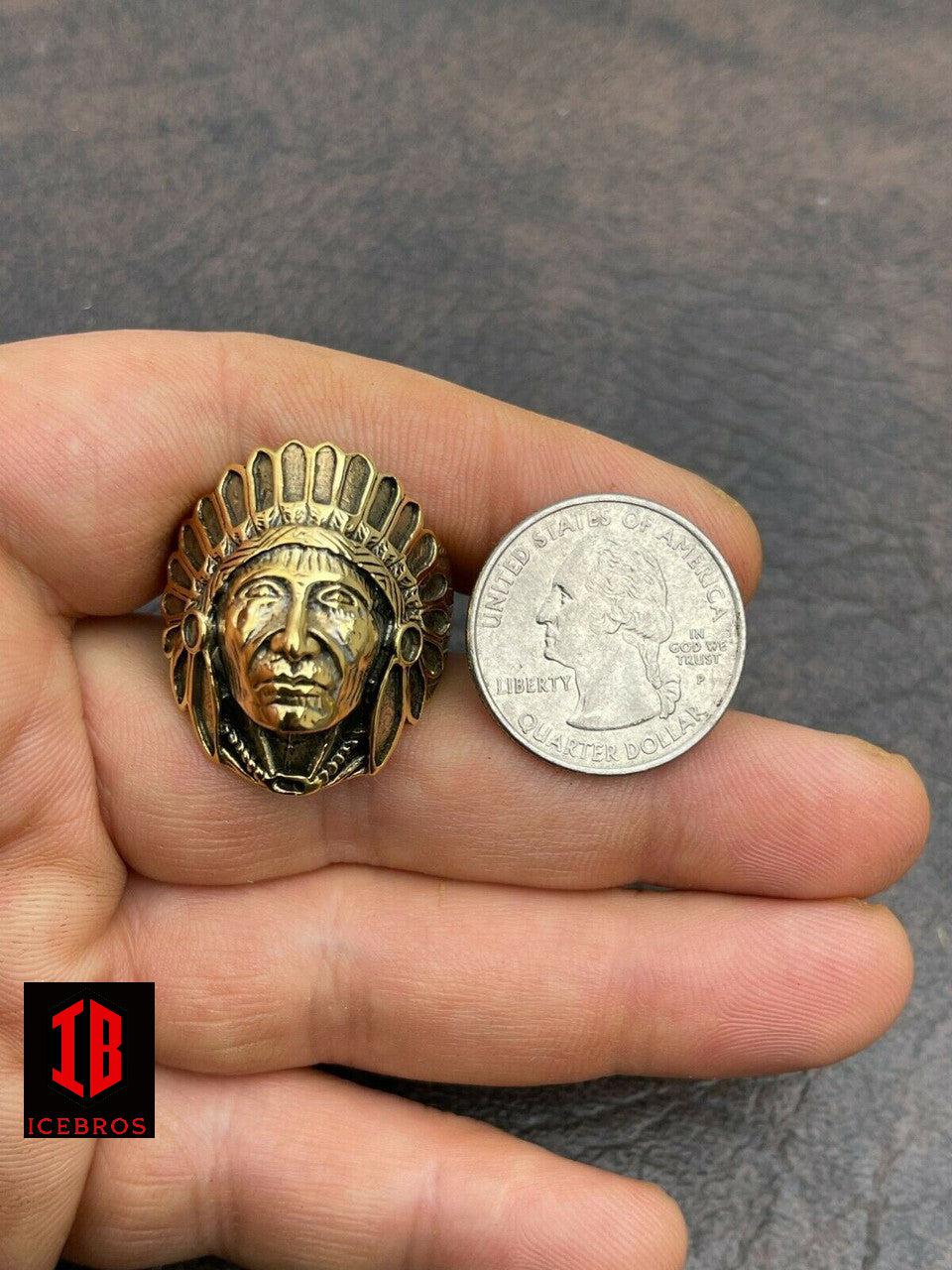 Solid 14K Gold Over Solid 925 Sterling Silver Large Indian Head Chief Ring