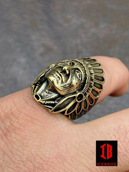 Solid 14K Gold Over Solid 925 Sterling Silver Large Indian Head Chief Ring