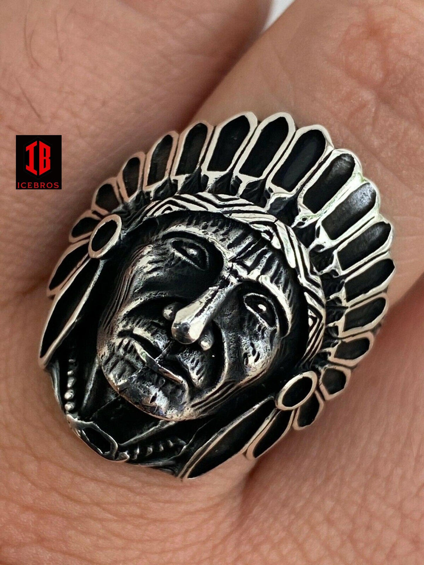 Solid 14K Gold Over Solid 925 Sterling Silver Large Indian Head Chief Ring