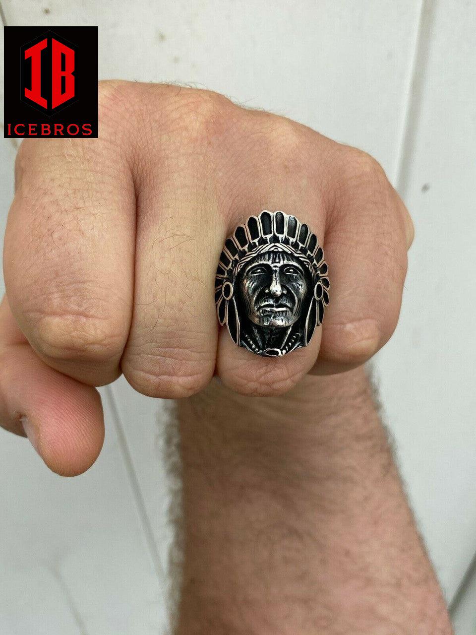 Solid 14K Gold Over Solid 925 Sterling Silver Large Indian Head Chief Ring