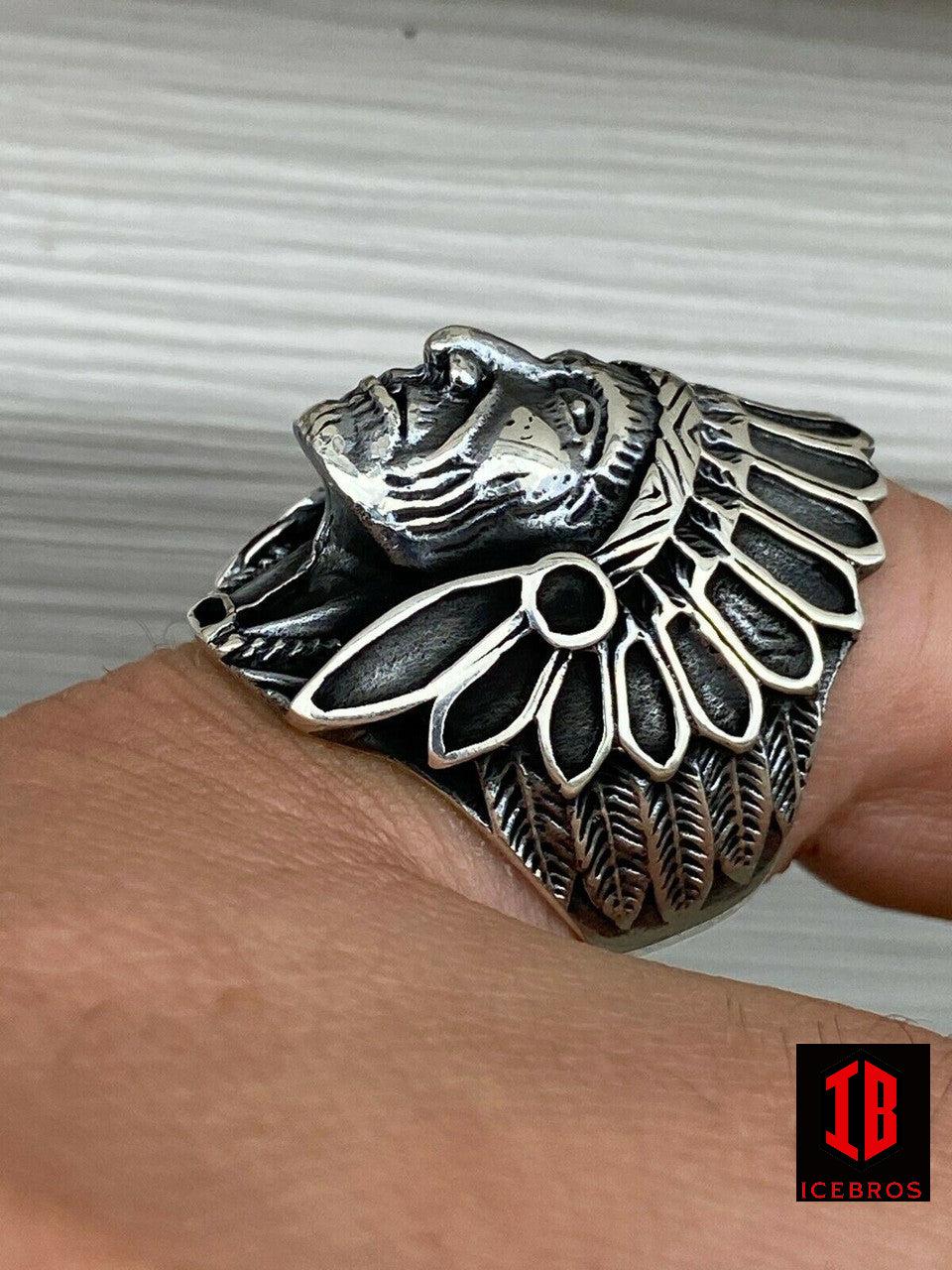 Solid 14K Gold Over Solid 925 Sterling Silver Large Indian Head Chief Ring