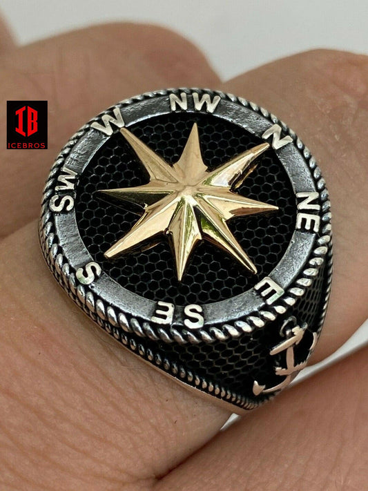 Men 14k Gold & Real Solid 925 Sterling Silver Anchor Sailor Compass Ring