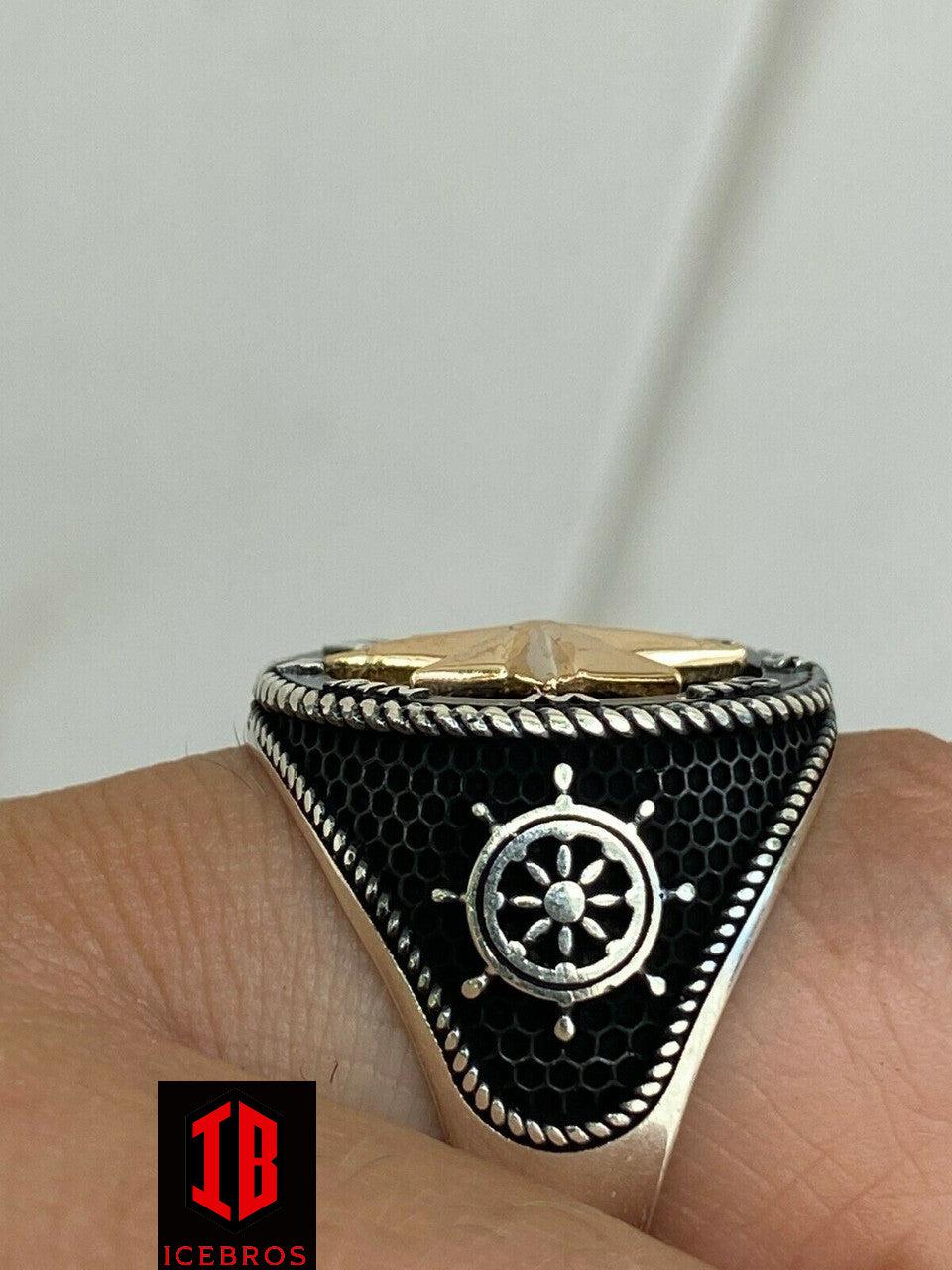 Men 14k Gold & Real Solid 925 Sterling Silver Anchor Sailor Compass Ring