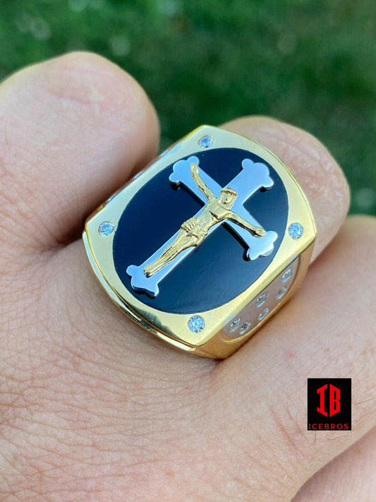 Men's 14k Gold Over Real Solid 925 Silver Jesus On Cross Ring Black Onyx Enamel