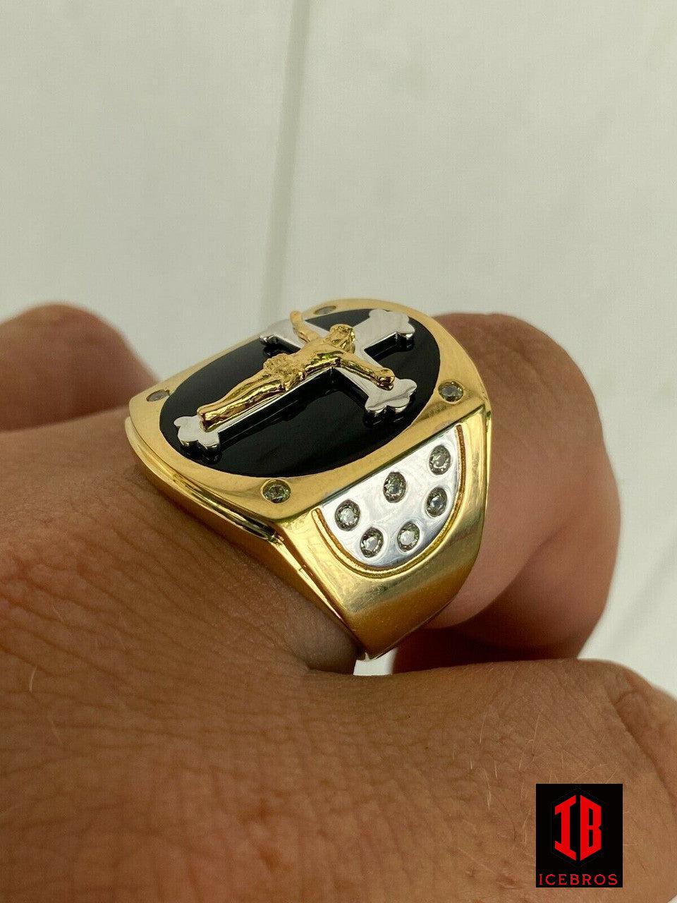 Men's 14k Gold Over Real Solid 925 Silver Jesus On Cross Ring Black Onyx Enamel