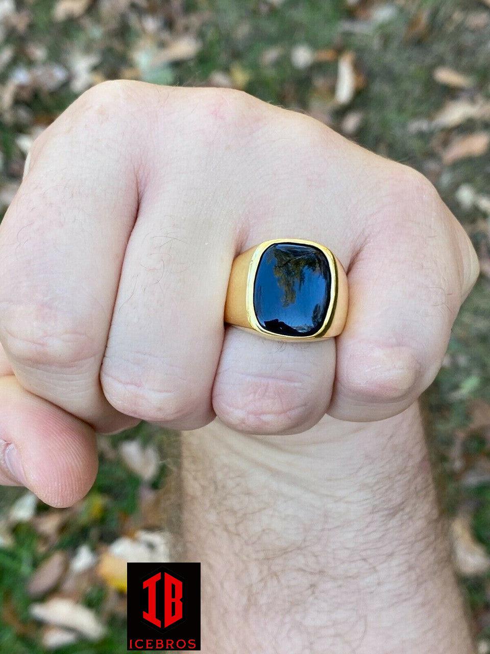 14k Gold Vermeil Real Solid 925 Sterling Silver Black Onyx Stone Men's Signet Ring