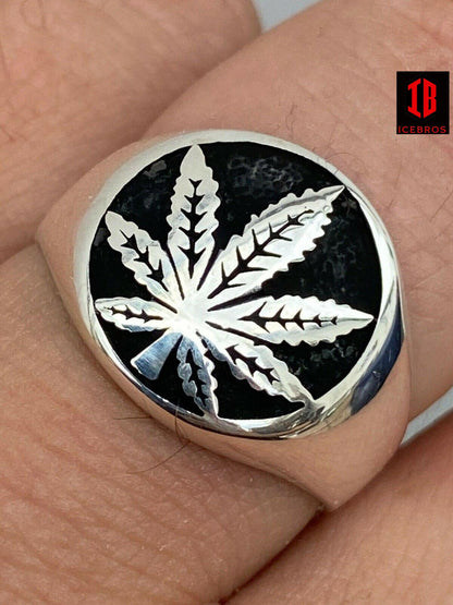 Men's Real Solid 925 Sterling Silver Enamel Marijuana Weed 420 Cannabis Ring