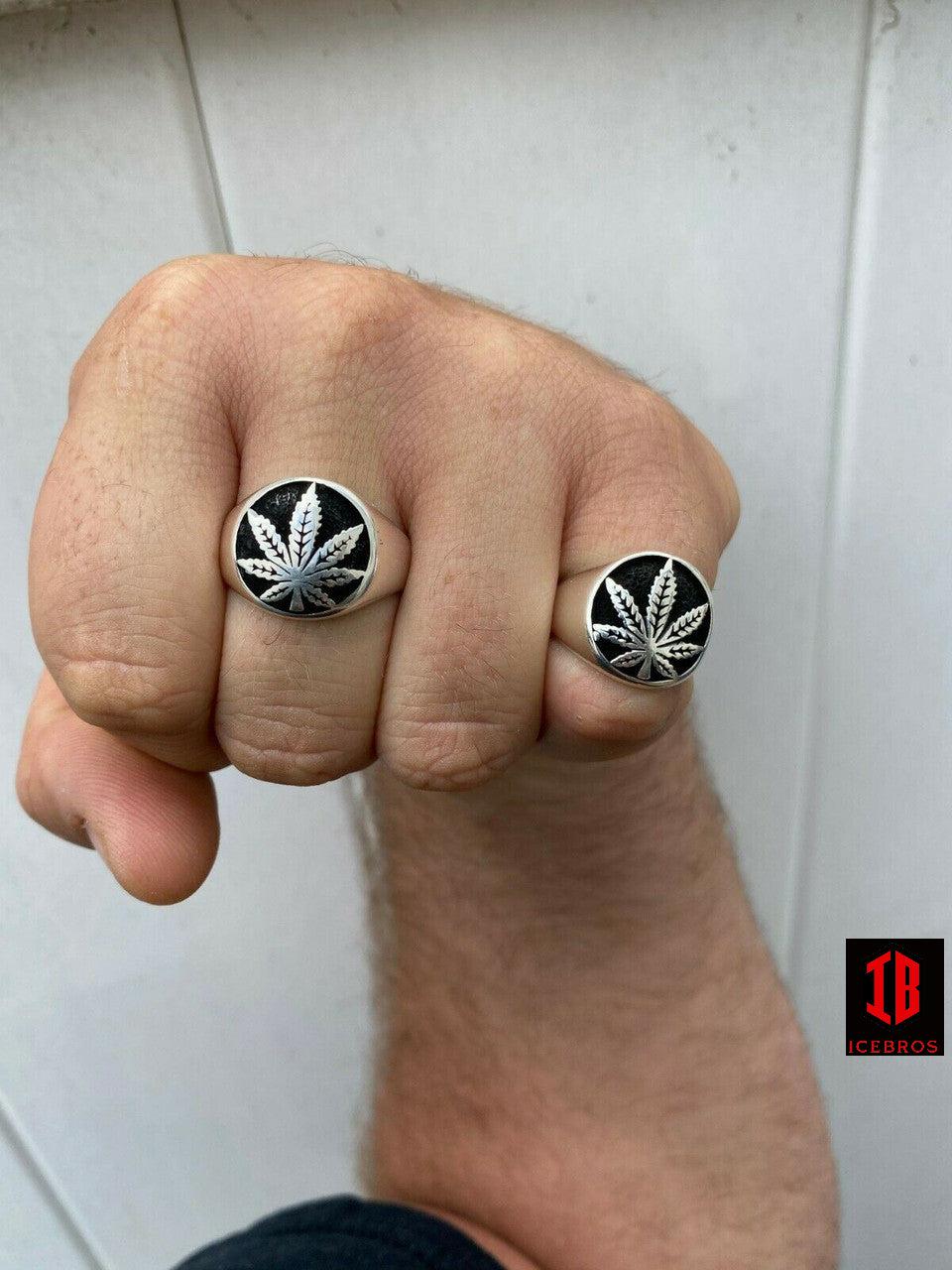 Men's Real Solid 925 Sterling Silver Enamel Marijuana Weed 420 Cannabis Ring