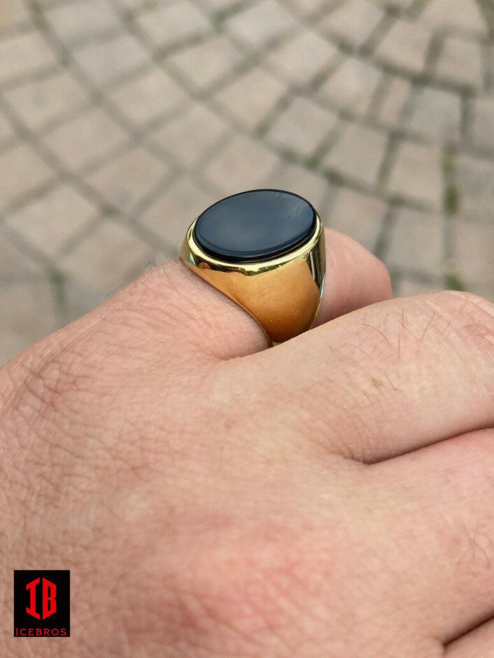 14k Gold Over Solid 925 Sterling Silver Black Onyx Signet Ring Vermeil