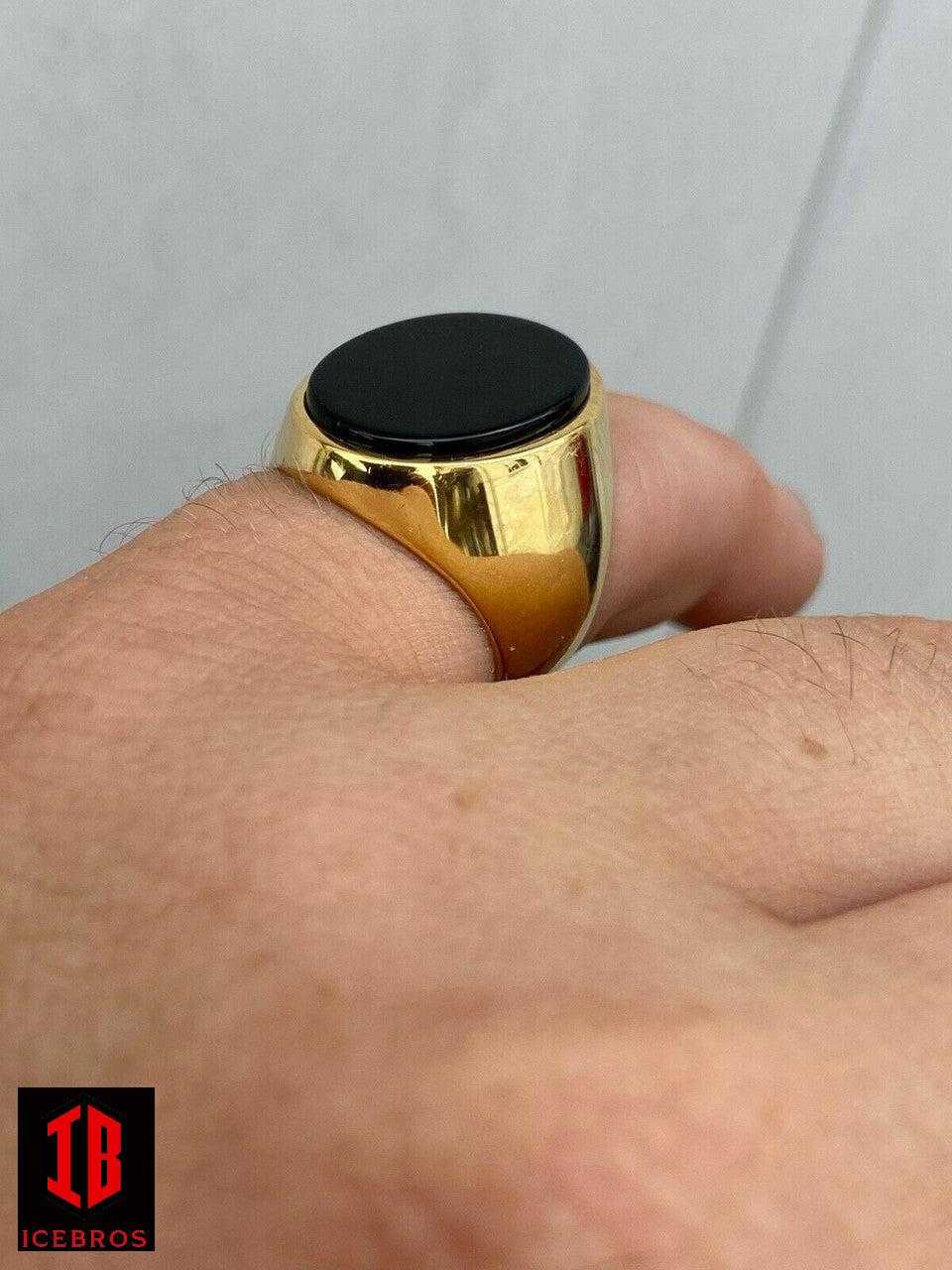 14k Gold Over Solid 925 Sterling Silver Black Onyx Signet Ring Vermeil