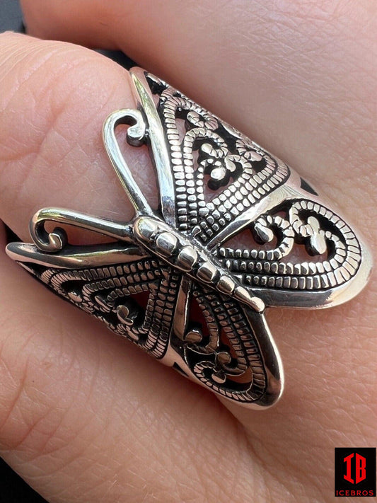 925 Sterling Silver Large Butterfly Ring Oxidized Rhodium Vintage Finish