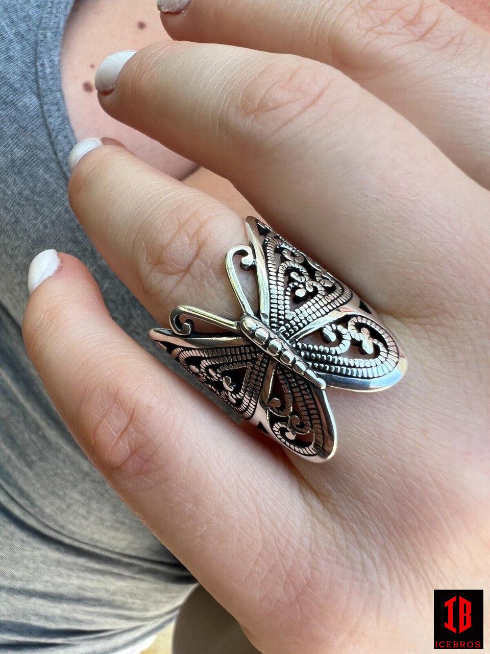 925 Sterling Silver Large Butterfly Ring Oxidized Rhodium Vintage Finish