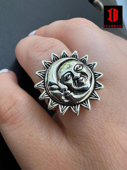 925 Sterling Silver Oxidized Celestial Crescent Sun & Moon Ring BoHo Ring