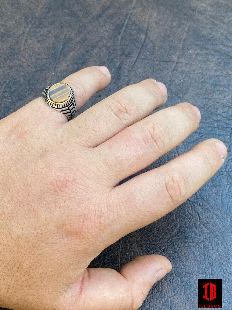 Men's Yellow Solid 925 Sterling Silver Tiger's Eye Signet Ring Round Pinky Sz 7-13