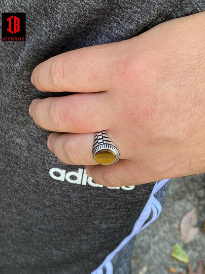 Men's Yellow Solid 925 Sterling Silver Tiger's Eye Signet Ring Round Pinky Sz 7-13