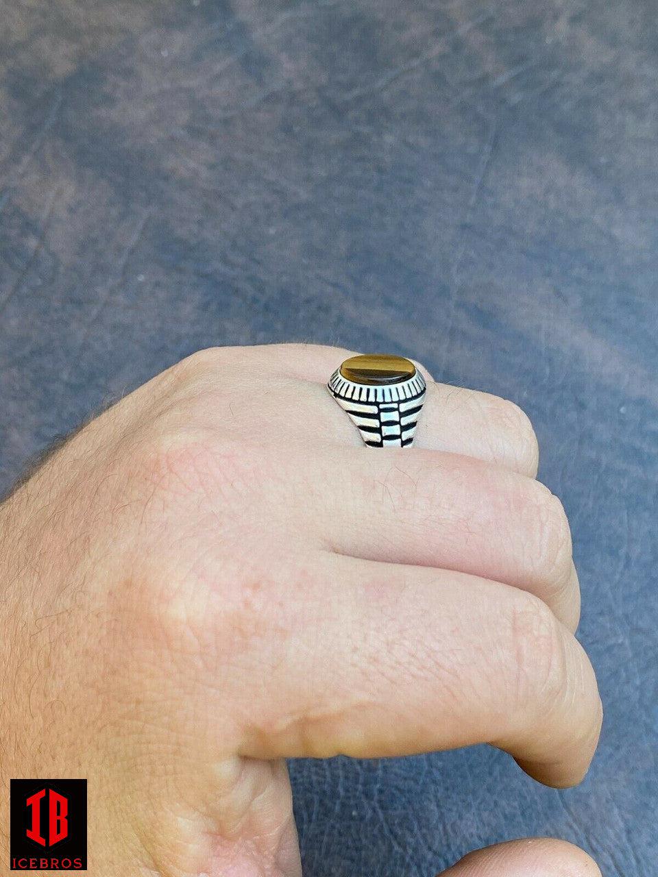 Men's Yellow Solid 925 Sterling Silver Tiger's Eye Signet Ring Round Pinky Sz 7-13